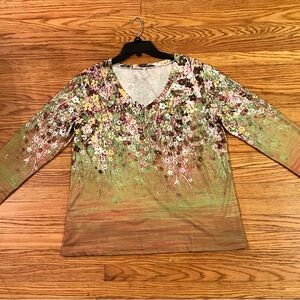 Lily Multicolor Floral V-Neck Tunic with Green Base